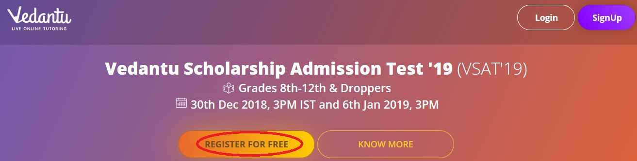 Vedantu VSAT Scholarship Admission Test 2019 Www scholarships in