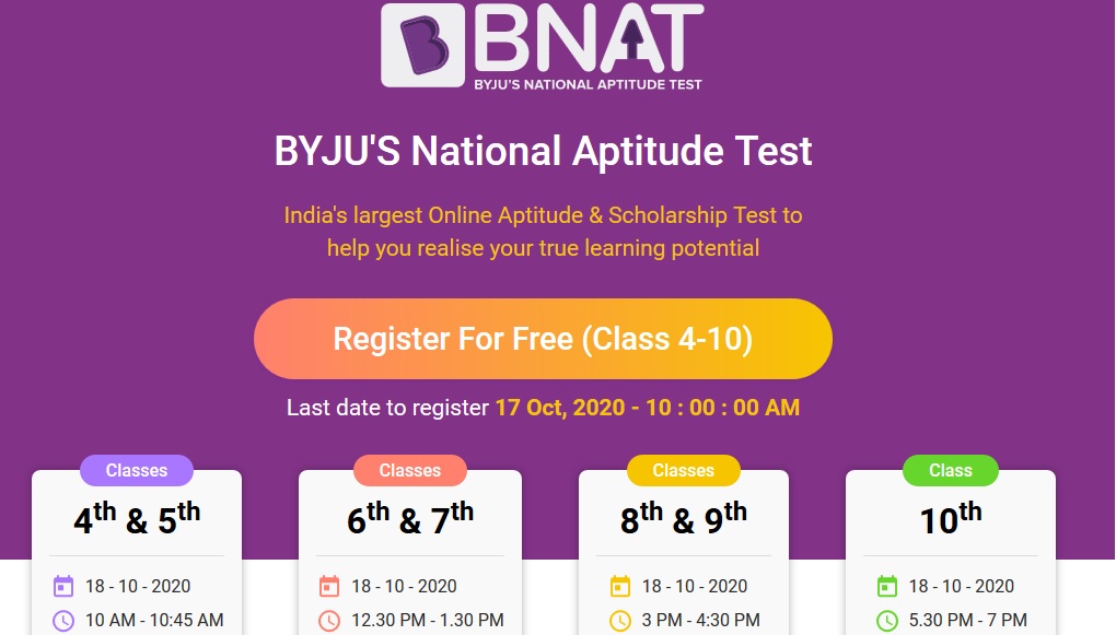 BYJU S BNAT October 2020 For Class 4 To 10 National Aptitude Scholarship Test Www